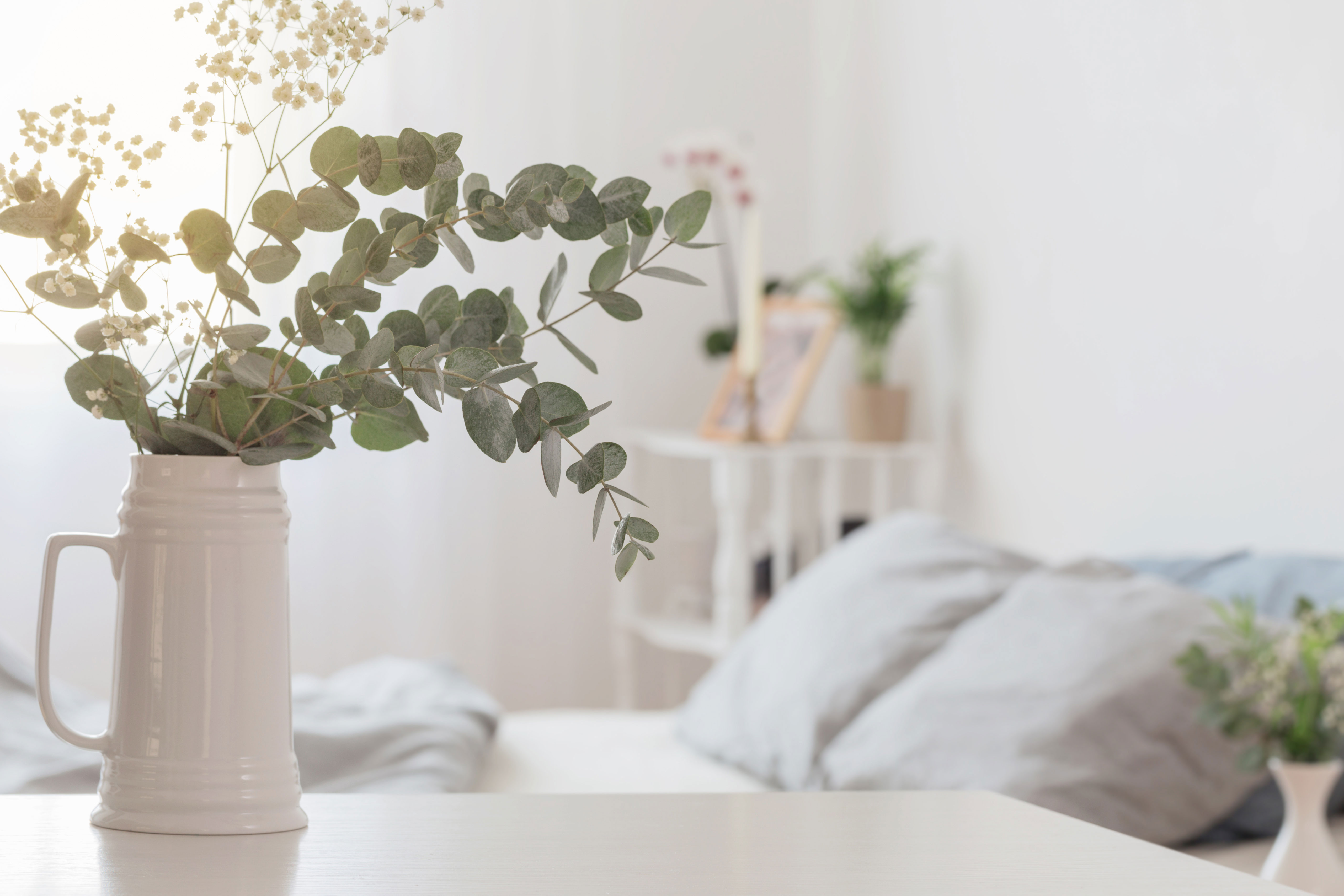 eucalyptus-and-gypsophila-in-jug-in-white-bedroom at Tivoli Gardens Apartments